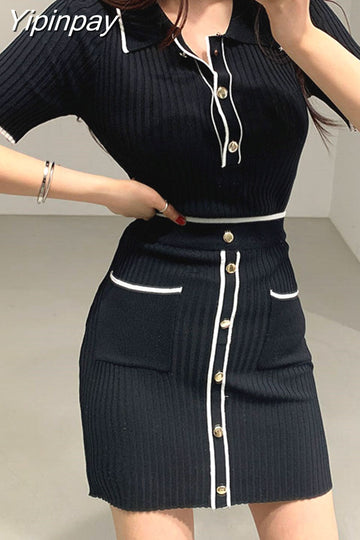 Yipinpay 2-piece set Button pocket pullover top short sleeve + mini skirts suit summer elegant casual ladies new 2023 Korea Two